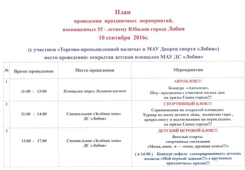 План мероприятий на День города Лобня.